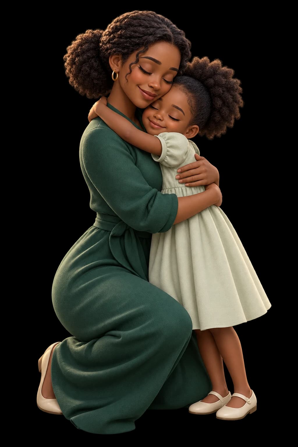 A 3D-style illustration of a mother lovingly embracing her young daughter.